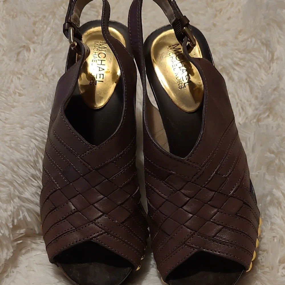 Michael Kors Chocolate Brown Wedges with Gold Accents